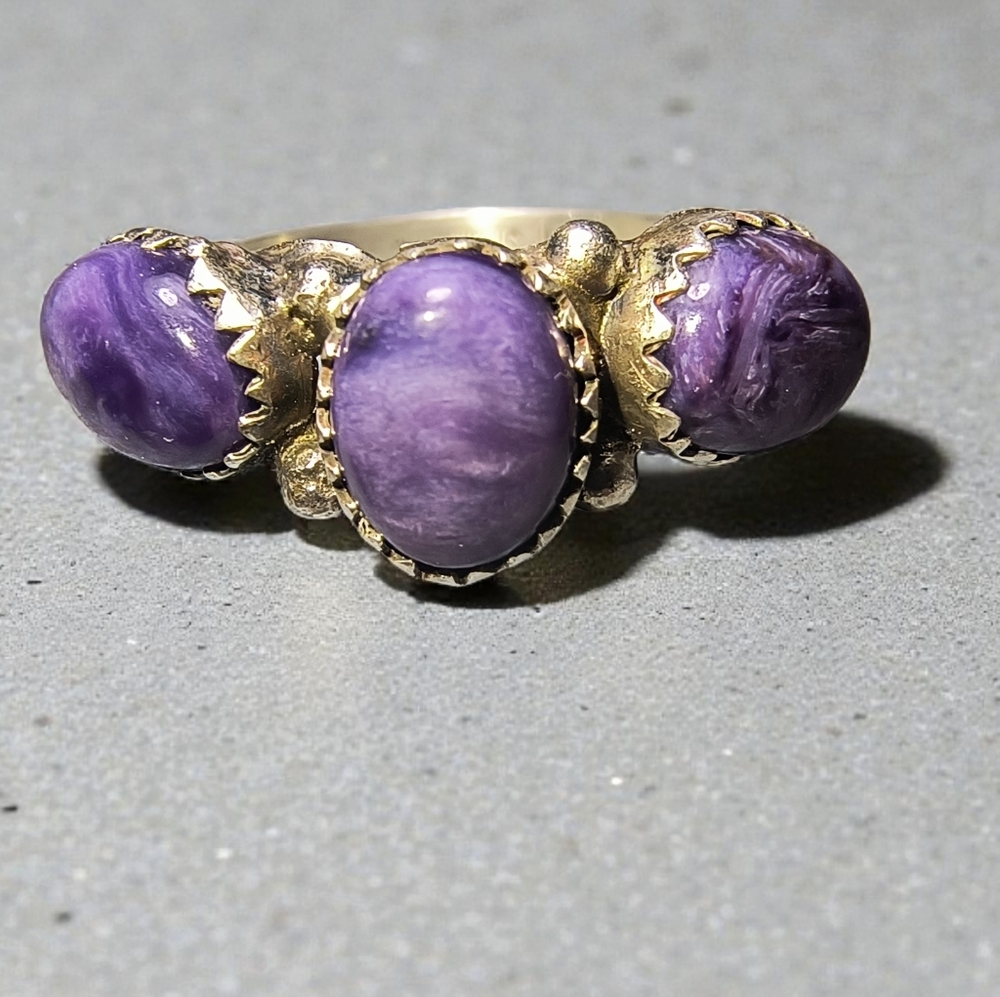 Vintage Charoite And Sterling Silver Southwest 3-Stone Ring